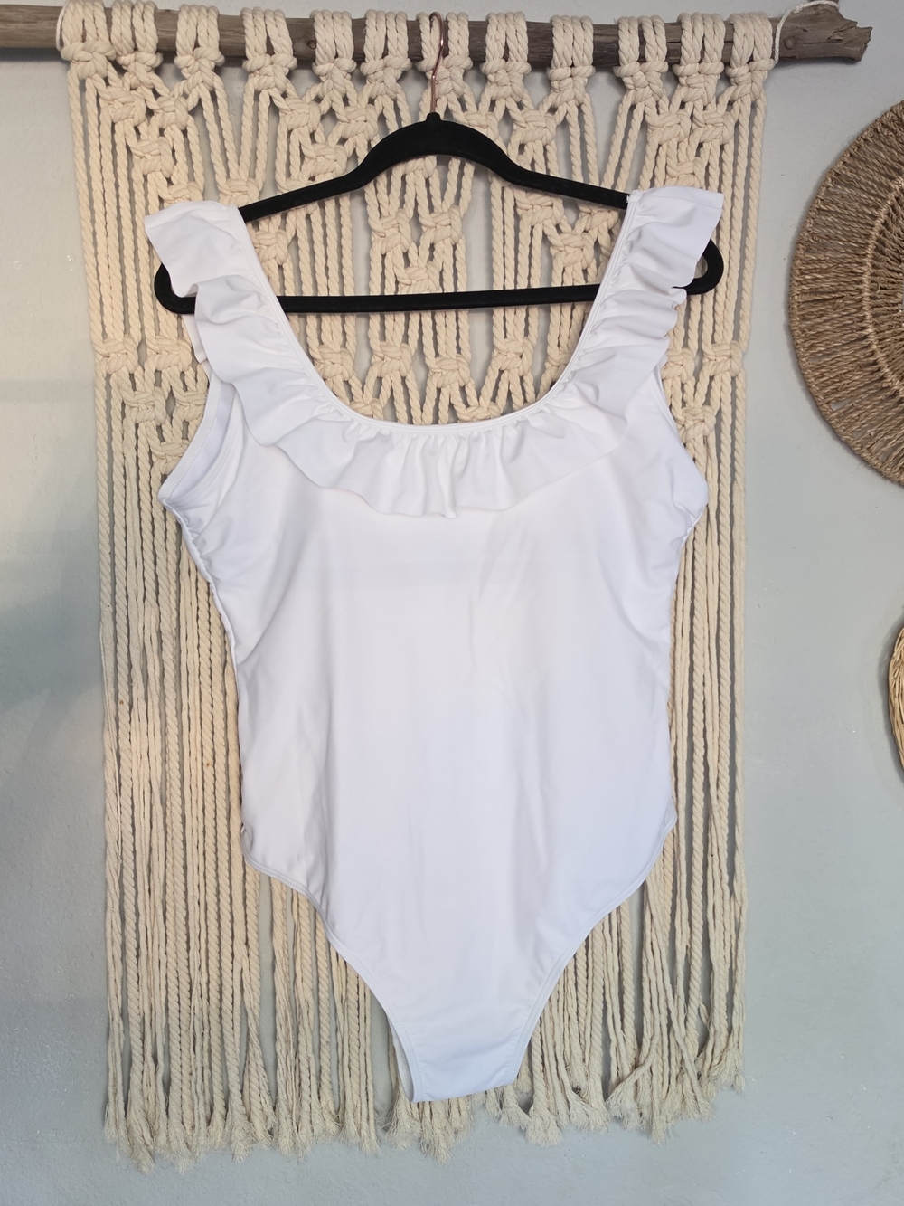 Ruffled Scoop Neck White One-Piece Swimsuit